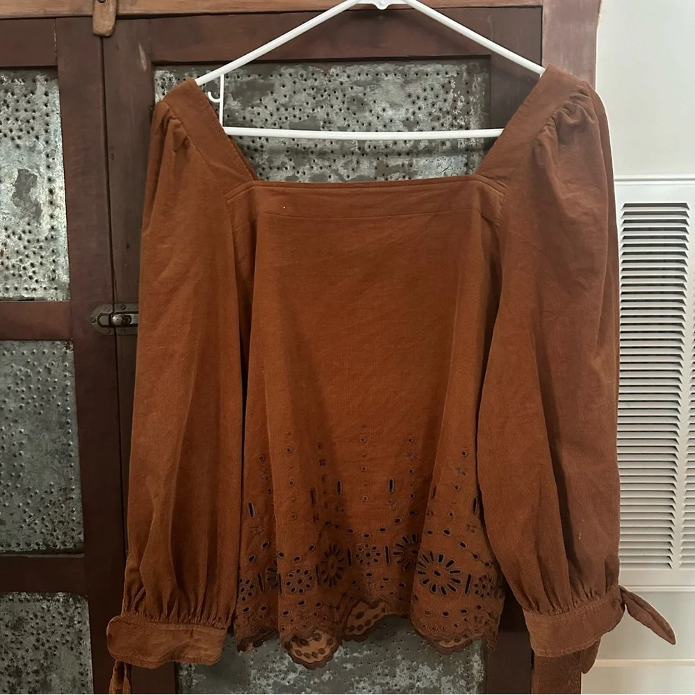 Madewell Embroidered Eyelet Corduroy Tie-Sleeve Top Small Rust Color Scalloped - Picture 5 of 7